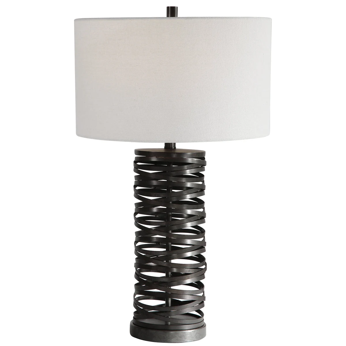 Uttermost Alita Rust Black Table Lamp – 29.25” Steel Base with Overlapping Straps and White Linen Shade