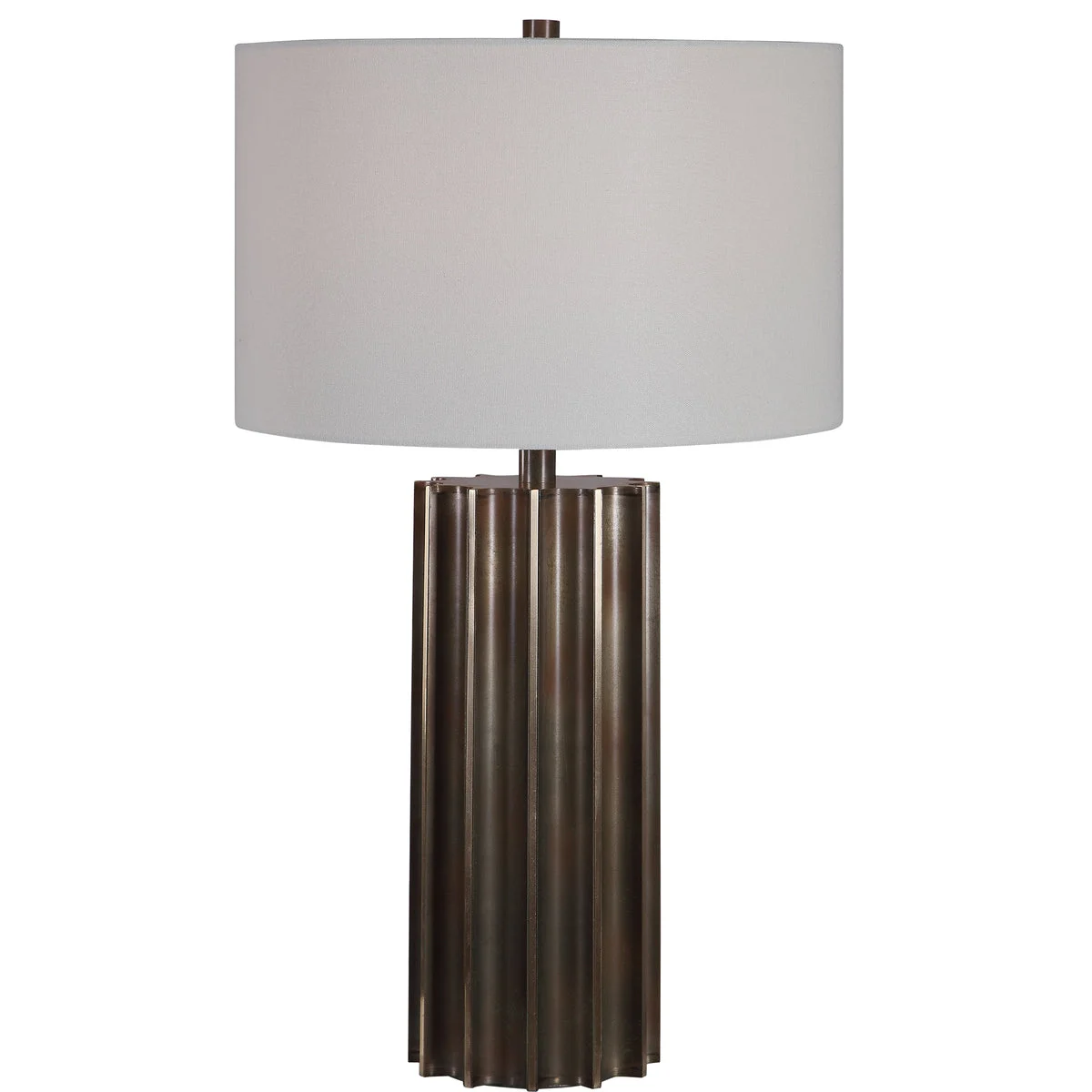 Uttermost Khalio Gun Metal Table Lamp – 27.5” Fluted Steel Base with Rust Distressing and White Linen Shade