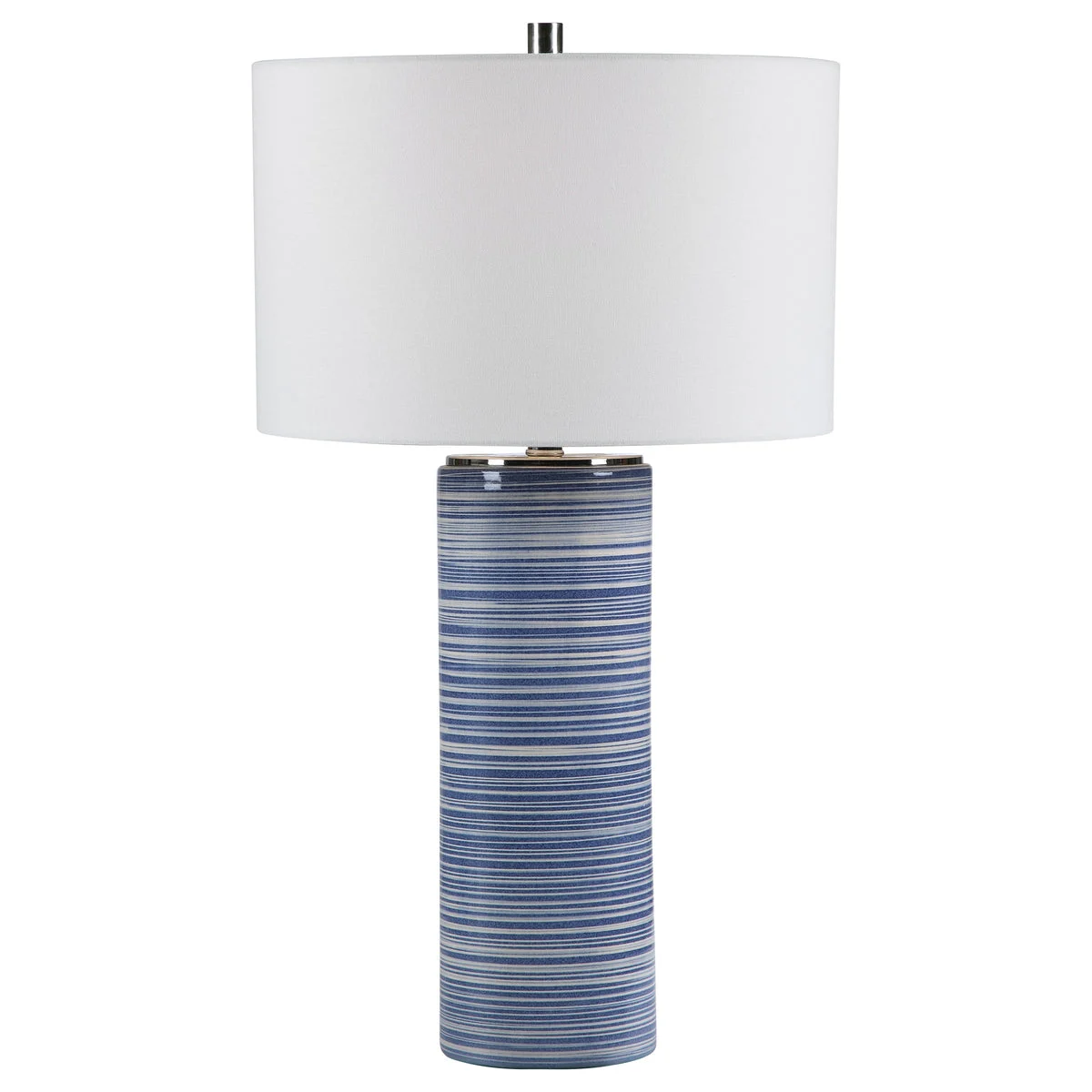 Uttermost Montauk Striped Table Lamp – 28.5” Indigo Blue & White Ceramic with Nickel Accents & Linen Shade