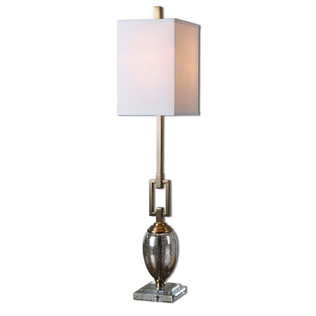 Uttermost Copeland Mercury Glass Buffet Lamp – Coffee Bronze Accents with Crystal Foot and Off-White Linen Shade