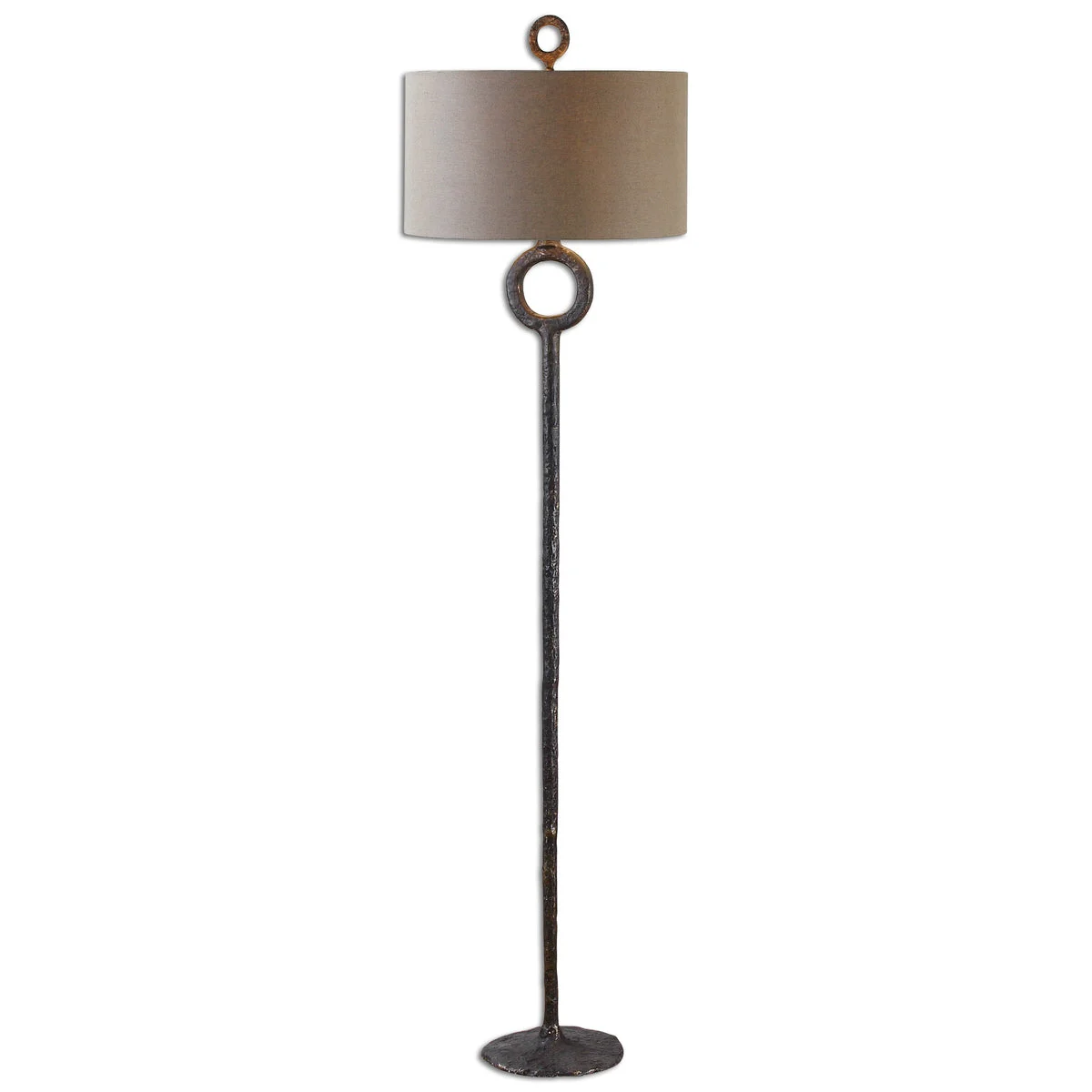 Uttermost Ferro Cast Iron Floor Lamp – Aged Rust Brown Hammered Base with Beige Linen Drum Shade