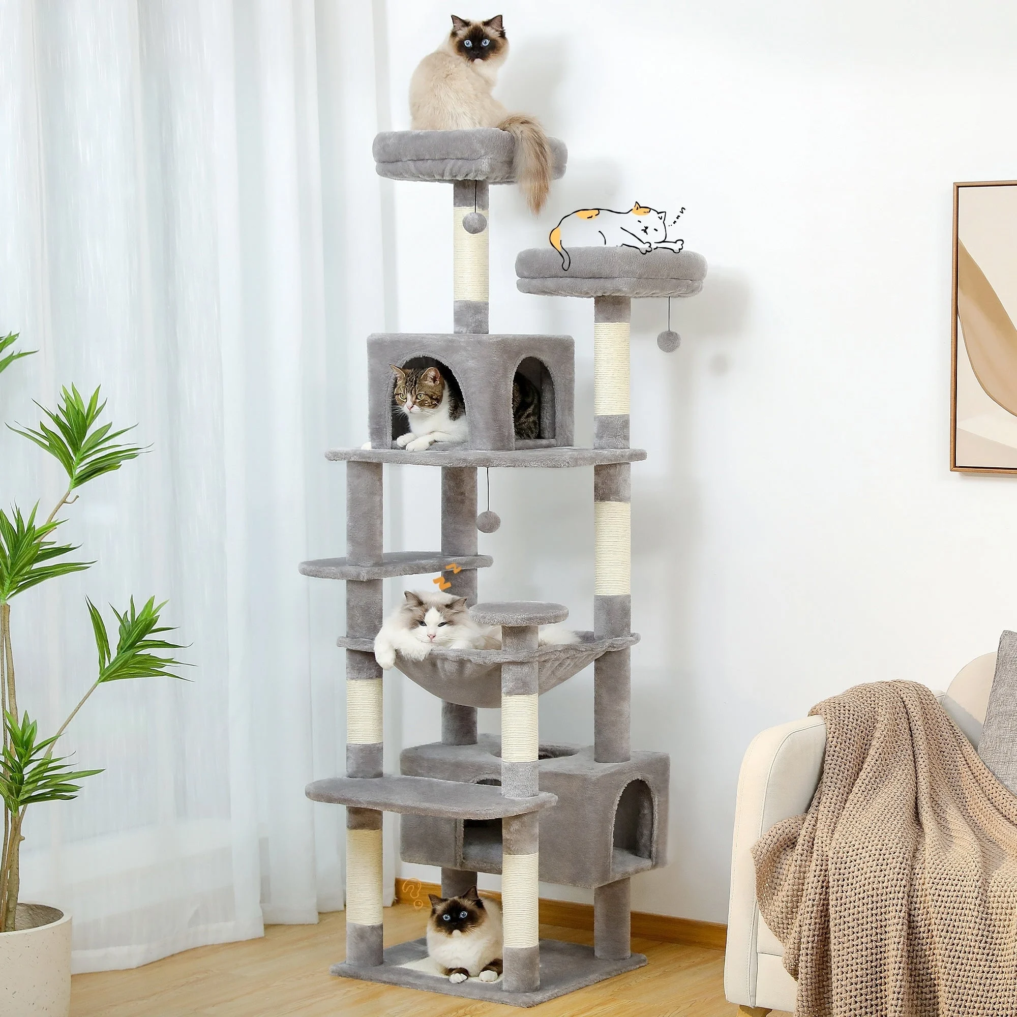 Large Cat Tower Cat Condo with Scratching Posts and Pads, 2 Padded Perch, Dual Condo and Basket