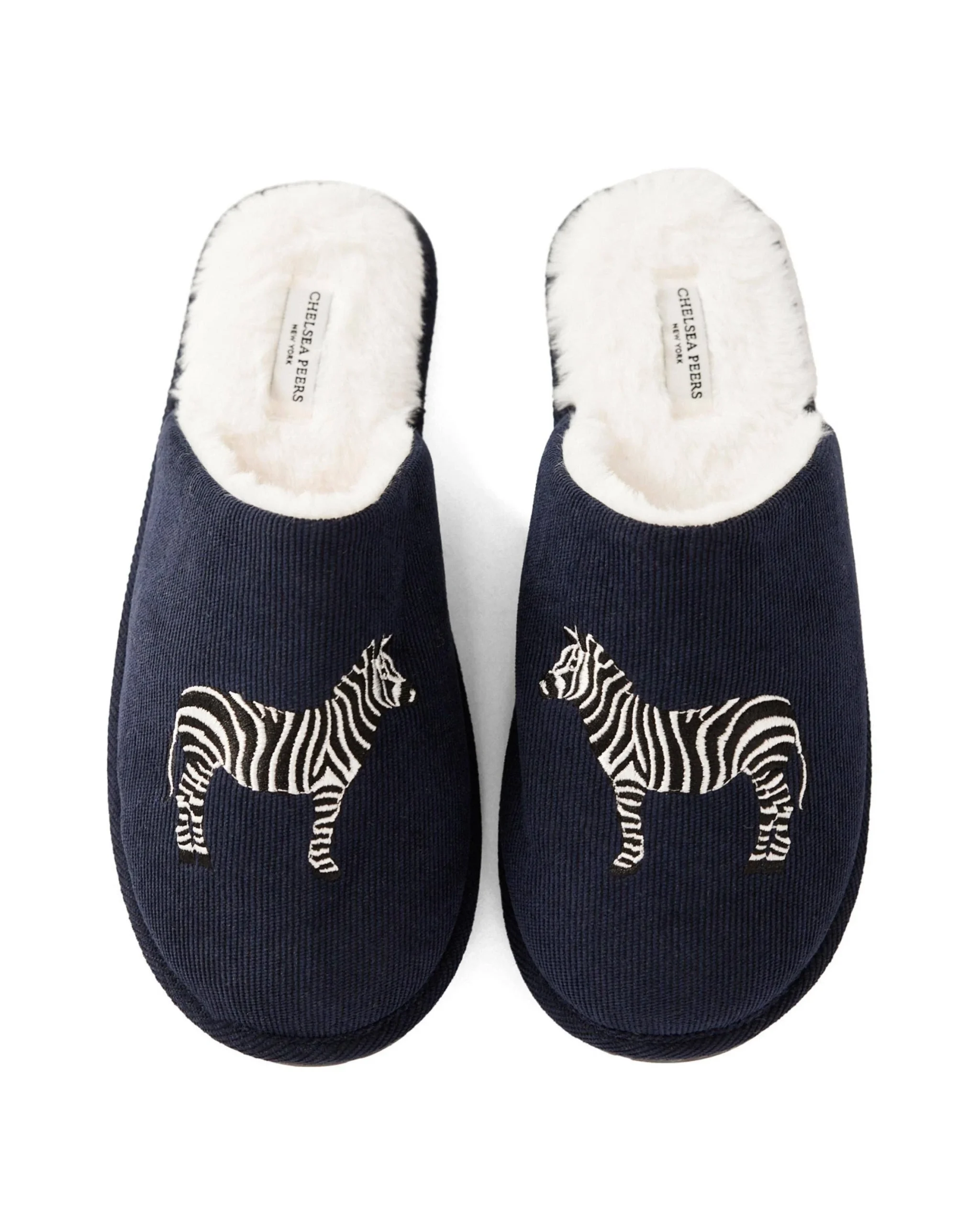 Corduroy Navy Zebra Print Slippers