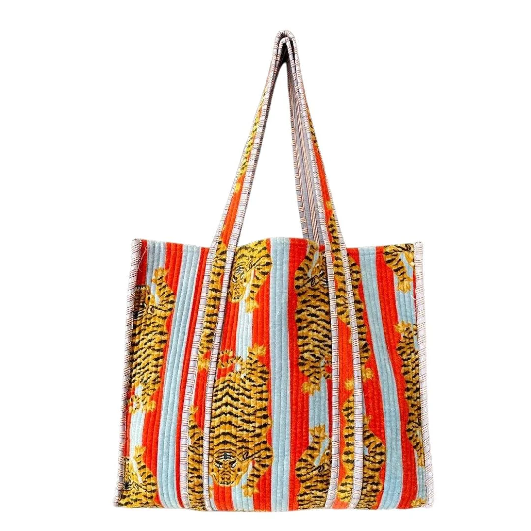 Velvet Striped Tiger Quilted Tote // Blue & Red