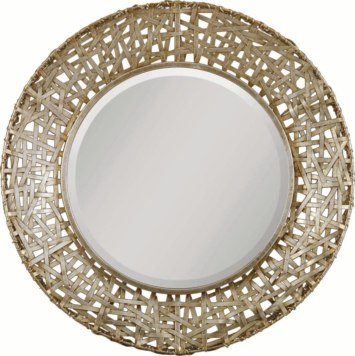 Uttermost Alita Champagne Woven Metal Round Sunburst Mirror, 32.25" Diameter, Antiqued Silver Finish