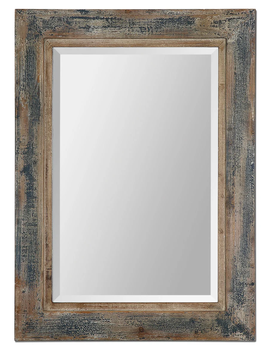 Uttermost Bozeman Distressed Blue Mirror, Rustic Fir Wood Frame, 37.75" H × 27.75" W, Vertical Wall Accent