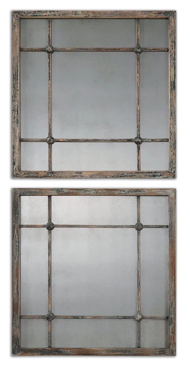 Uttermost Saragano Square Mirror Set of 2, Distressed Slate Blue Wood Frames with Antiqued Glass, 19" H × 19" W