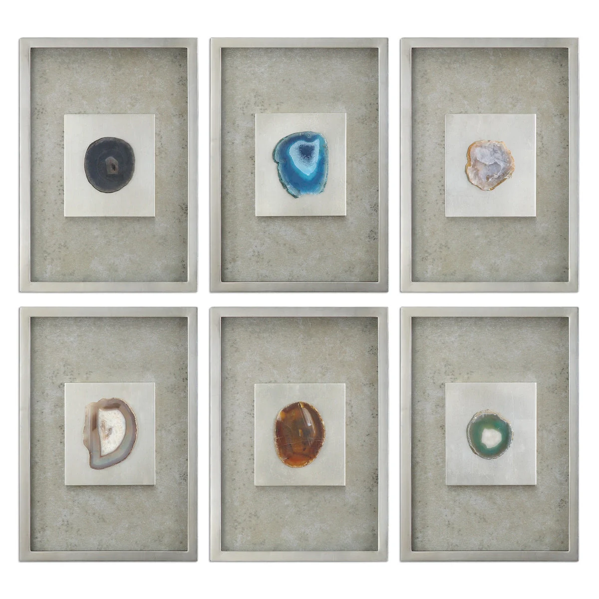 Uttermost Agate Stone Silver Wall Art Set of 6 – MDF, Glass & Real Agate in Silver Leaf Shadow Boxes, 19.5"H