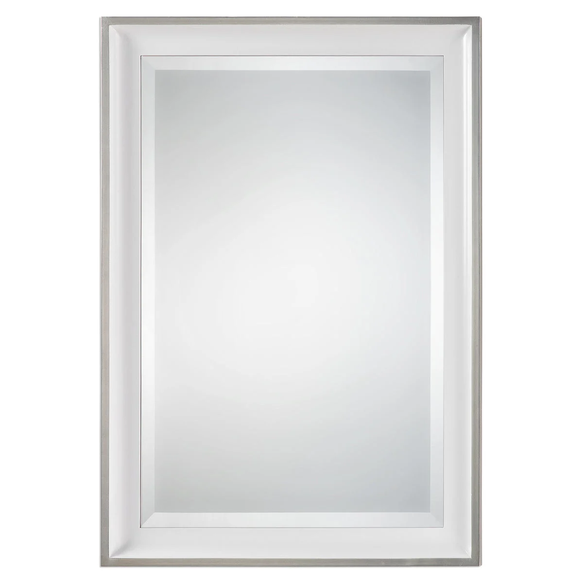 Uttermost Lahvahn White Silver Mirror – 34" Height, Gloss White Frame with Silver Leaf Edge, Beveled Glass