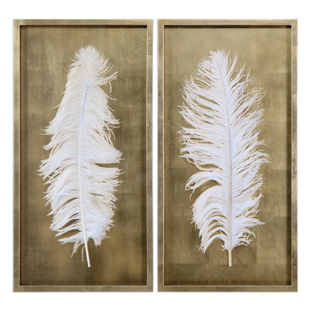 Uttermost White Feathers Gold Shadow Box Set – Pine Frame, 33.125" High, Luxe Wall Art Display