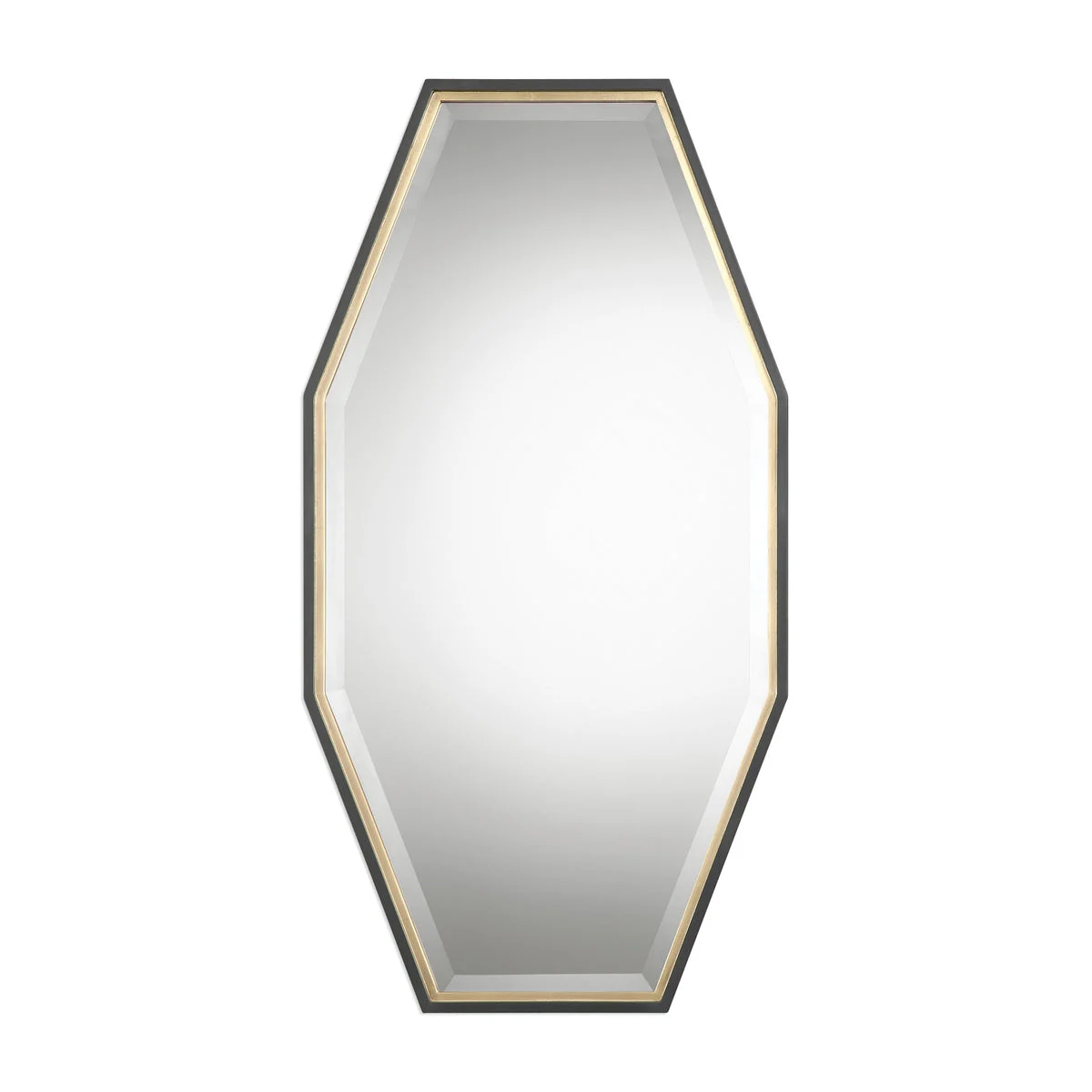 Uttermost Savion Gold Octagon Mirror – 46" Tall, Charcoal Frame with Metallic Gold Leaf Accent