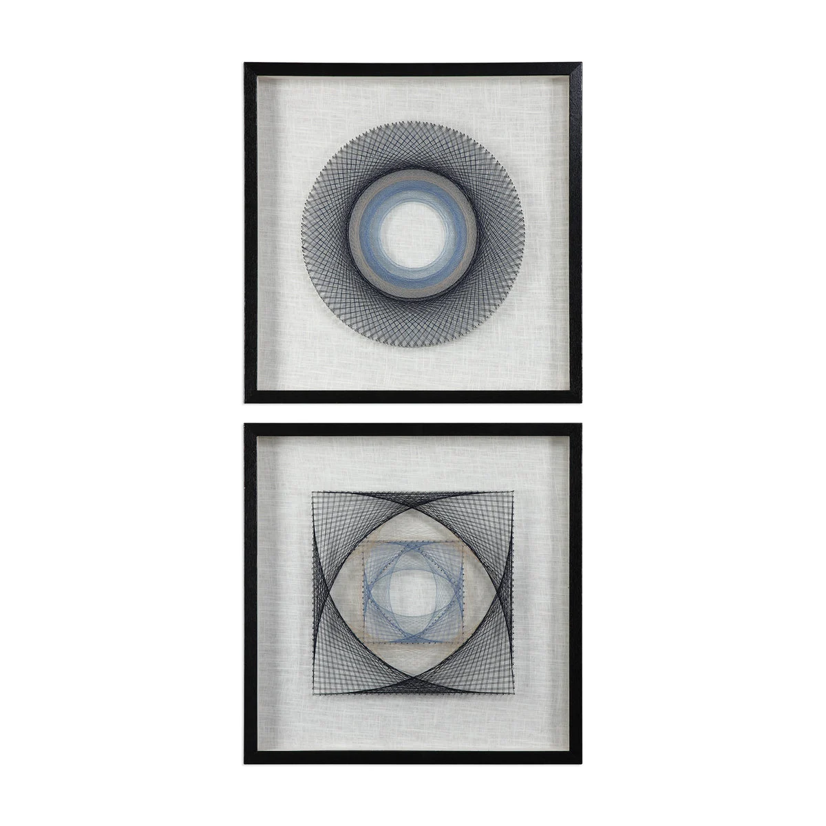 Uttermost String Duet Geometric Art Set of 2 – 23.625" Square Framed Thread Art in Pine & Glass Shadow Boxes