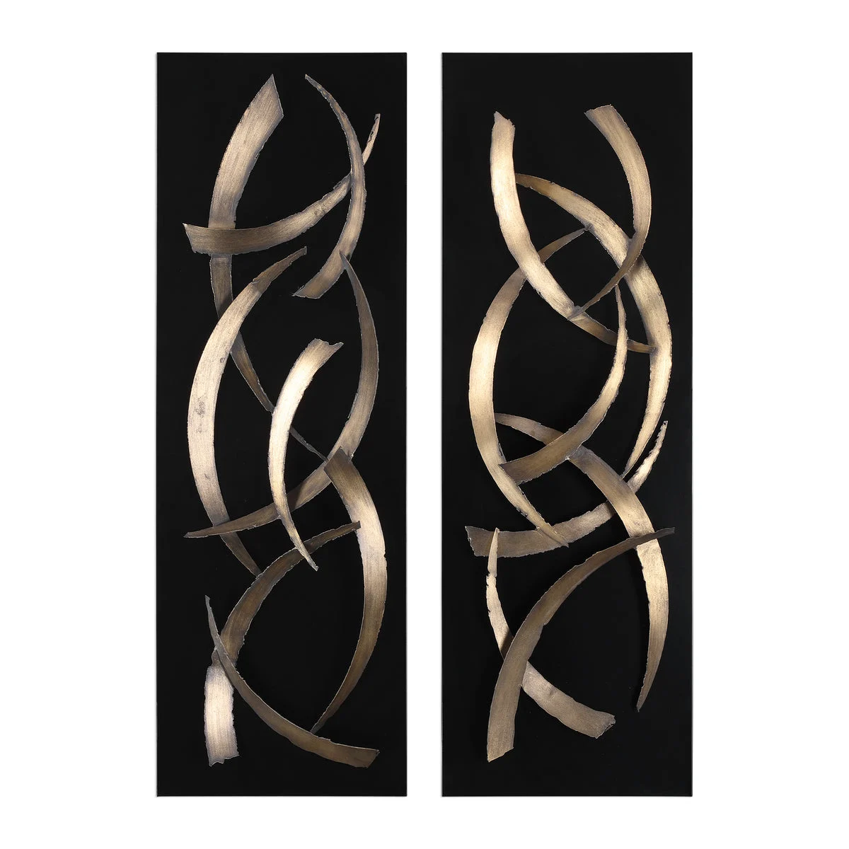 Uttermost Brushstrokes Metal Wall Art Set/2 – Brushed Gold Layered Sheet Metal, Matte Black Plaque, 46.75" H x 15.75" W