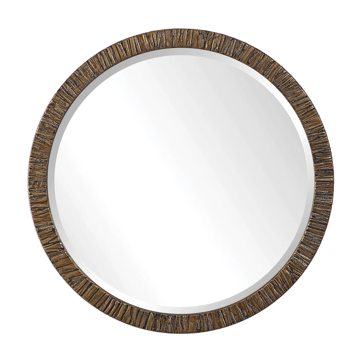 Uttermost Wayde Gold Bark Round Mirror with Distressed Metallic Gold Leaf Frame, 30 Inch Diameter