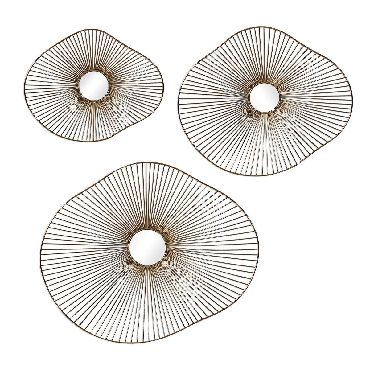 Uttermost Avarie Gold Metal Wall Art Set/3 – Radiating Spokes with Mirrored Centers, 3D Curved Shapes
