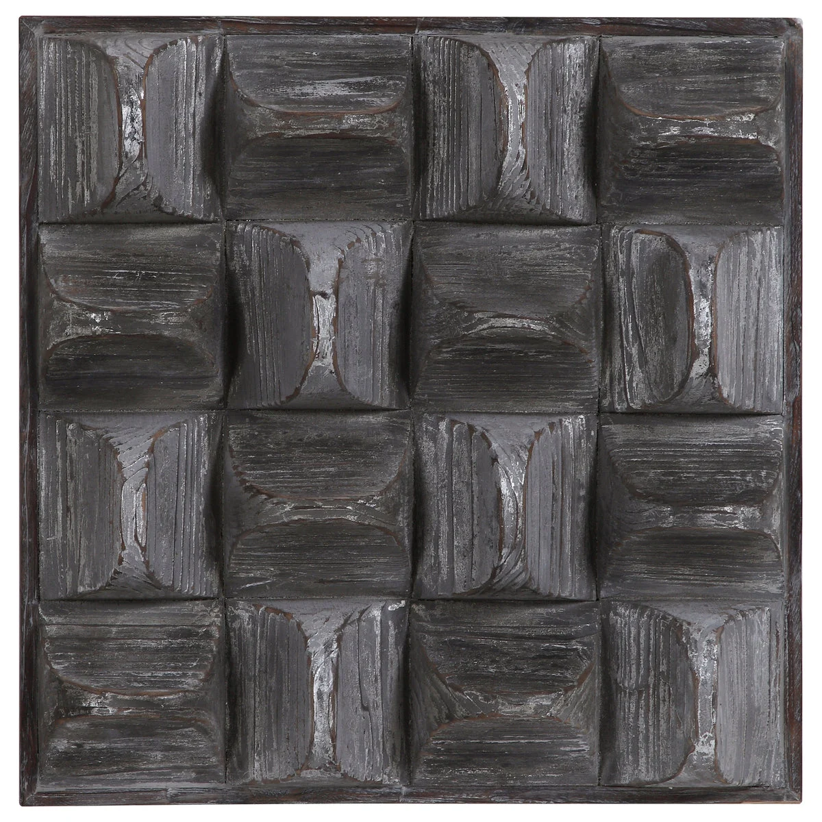 Uttermost Pickford Wood Wall Decor – 3D Scooped Fir Blocks, Distressed Gray Wash with Silver, 20.1x20.1x4.5 inches