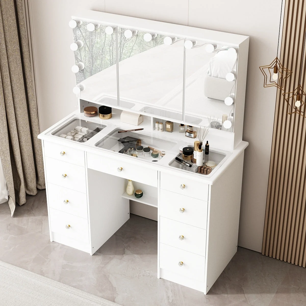 Makeup Vanity w/Tri-Fold Mirror Certified Lighting Glass Top Dresser
