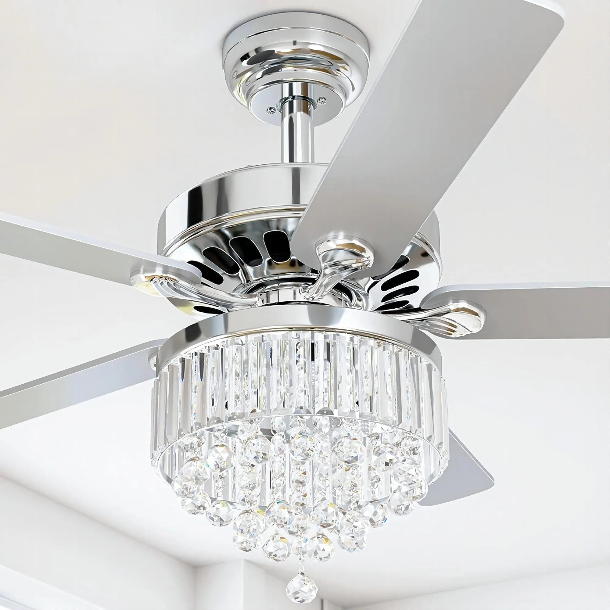 52-inch Wooden 5-Blade Crystal Ceiling Fan Chandelier with Remote