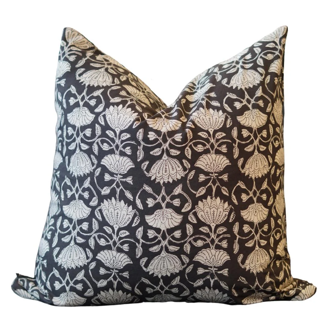Black & Beige Floral Block Print Pillow Cover