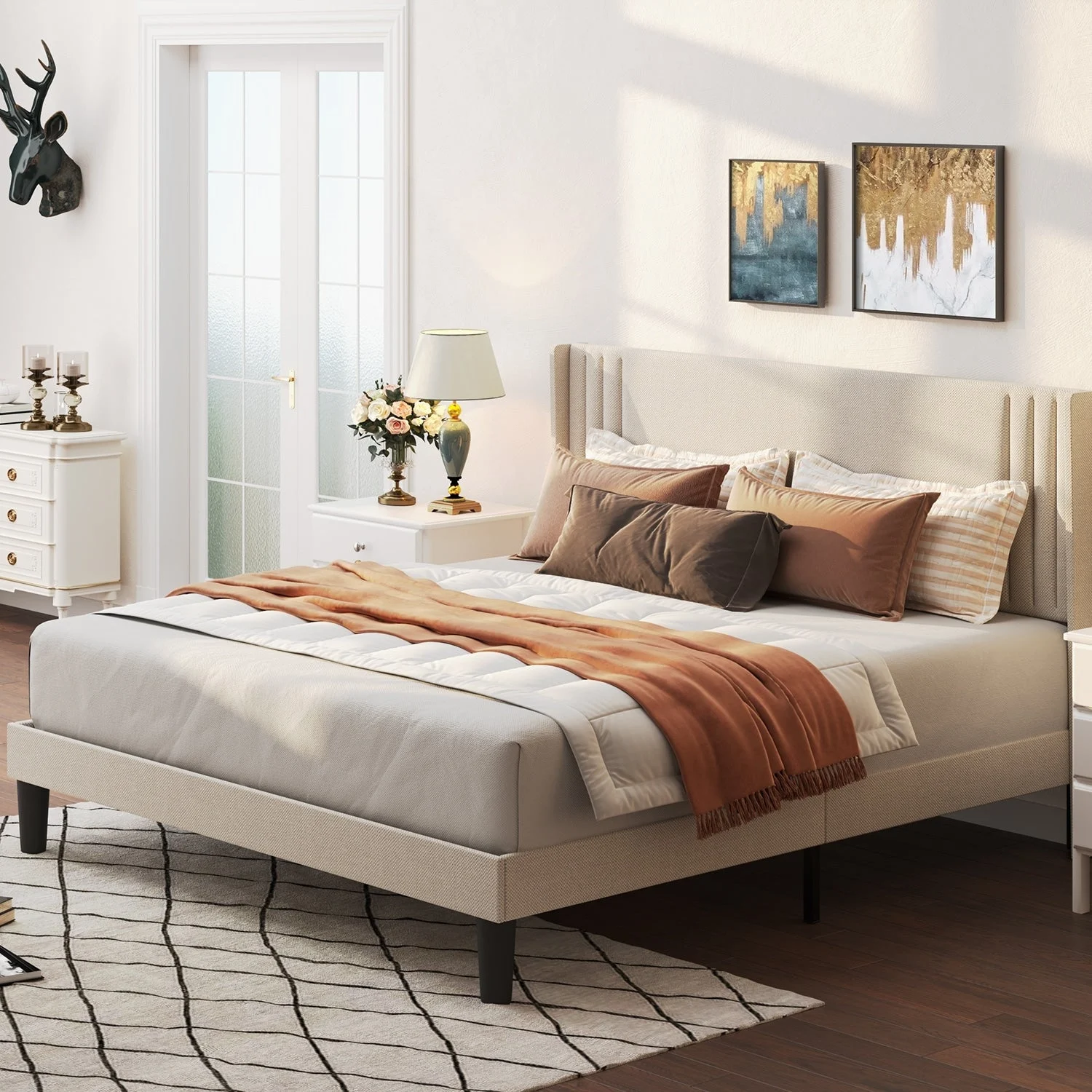 Queen/ Full Vertical Channels Upholstered Bed with Wingback Headboard