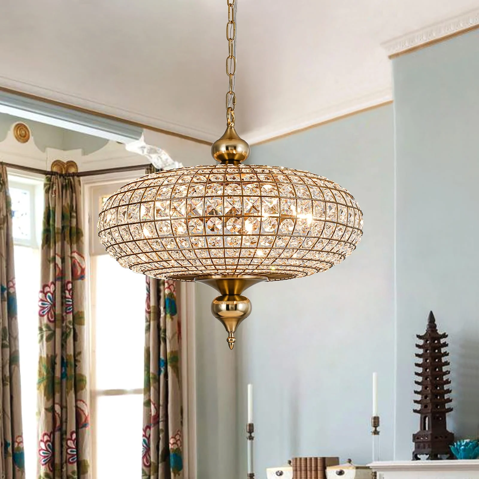 Retro French 4/5-Light Antique Brass Globe Crystal Chandelier Kitchen Island Pendant