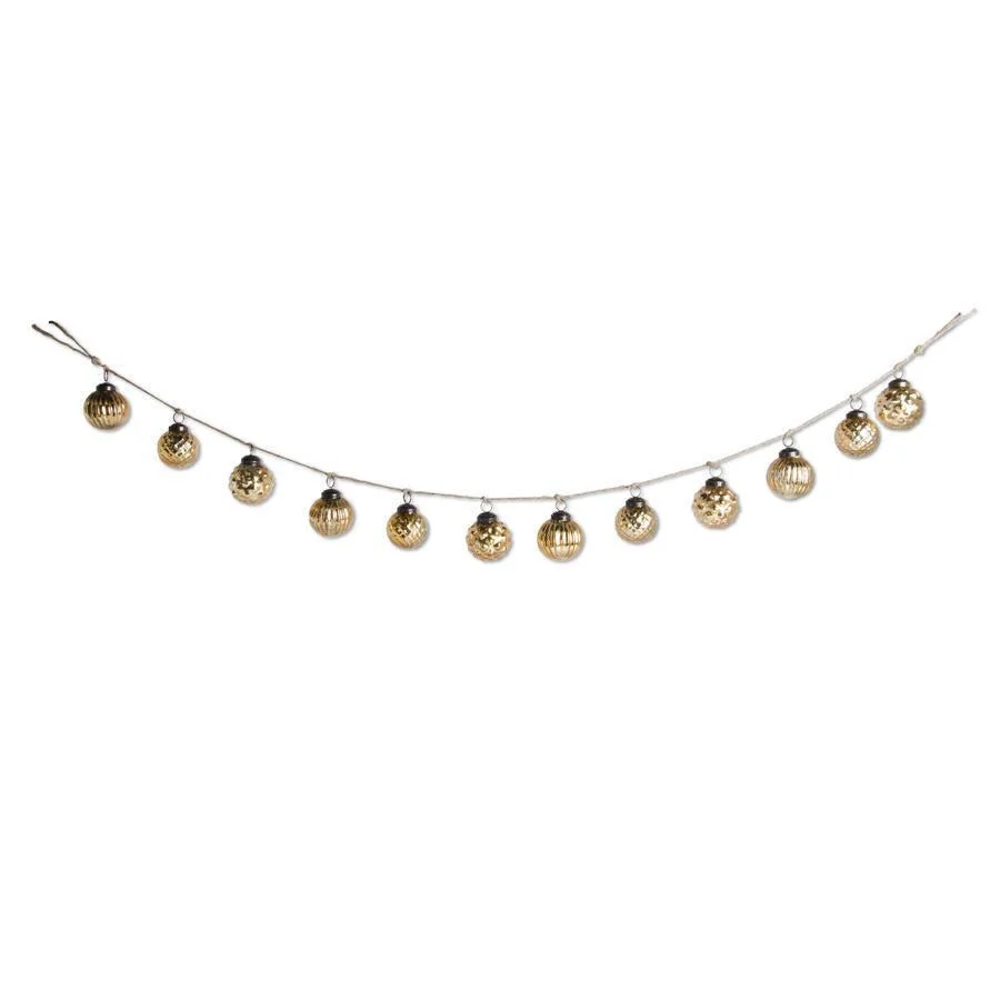 Gold Mercury Glass Round Ornament & Twine Garland