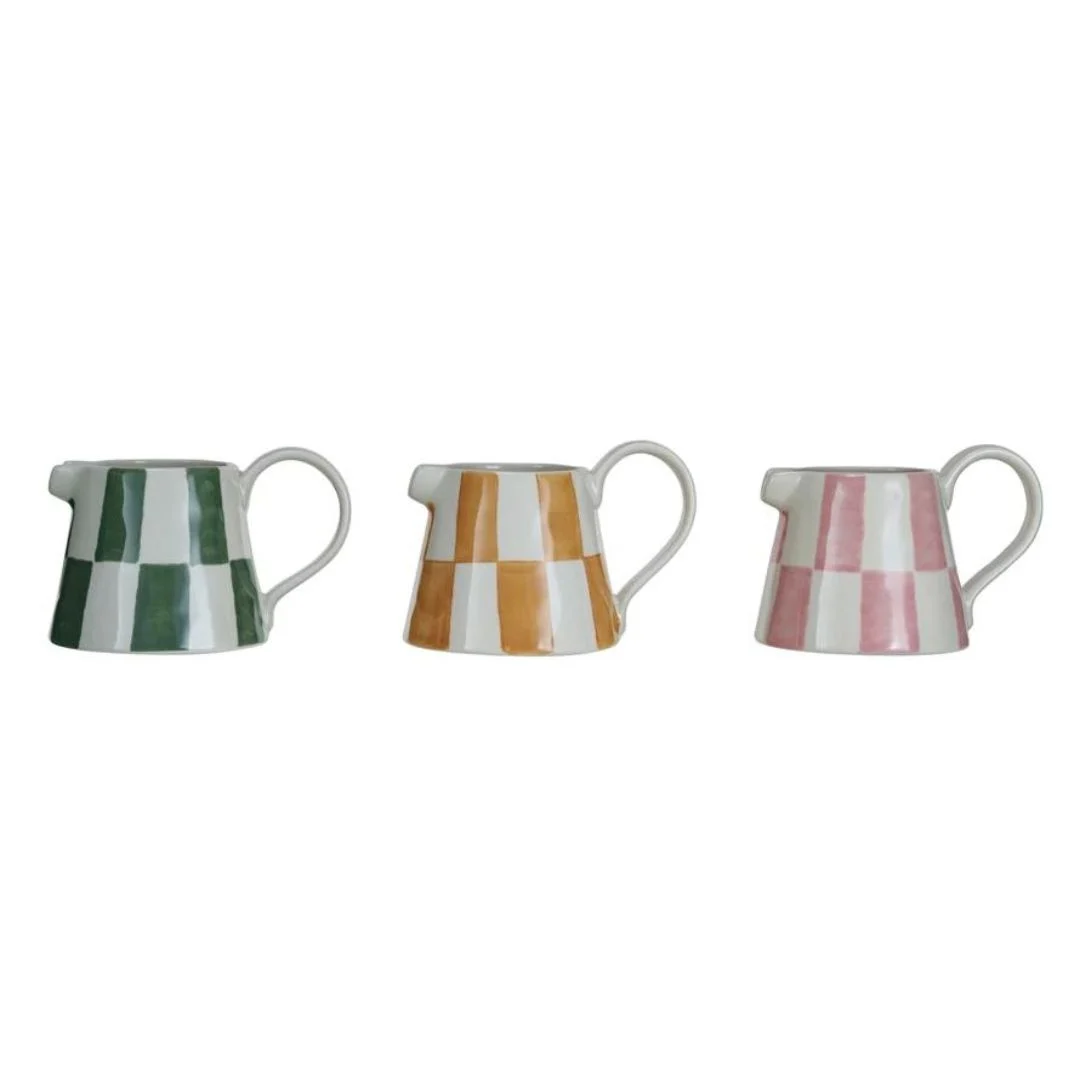 Checkered Hand-Painted Stoneware Creamer Pitcher // 3 Colors