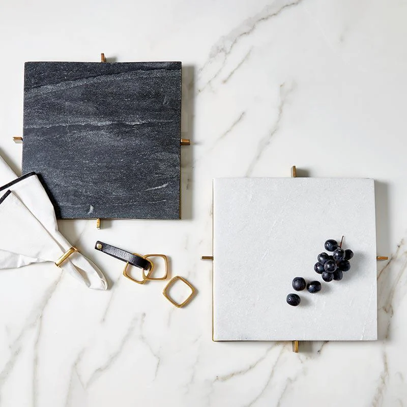 White Square Marble Tray in Brass Stand