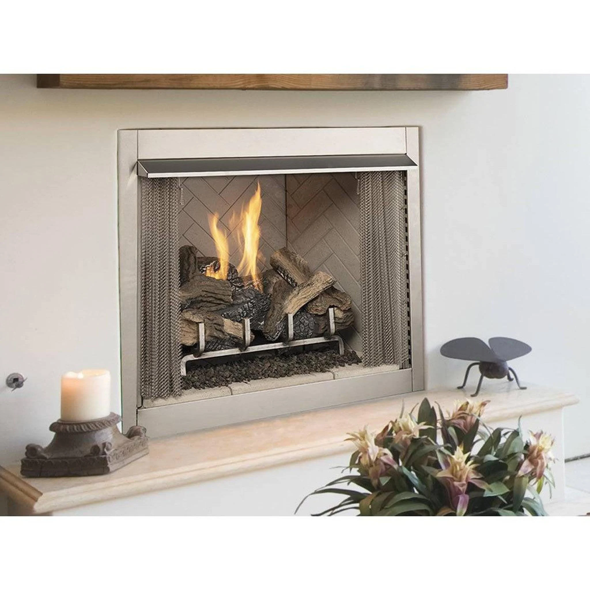 Superior VRE3236 36" Traditional Outdoor Vent-Free Natural Gas Fireplace With Electronic Ignition and White Herringbone Refractory Panels