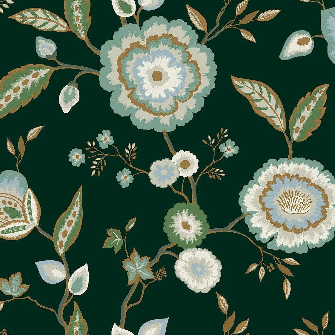 Dahlia Blooms Wallpaper // Green & Blue Metallic