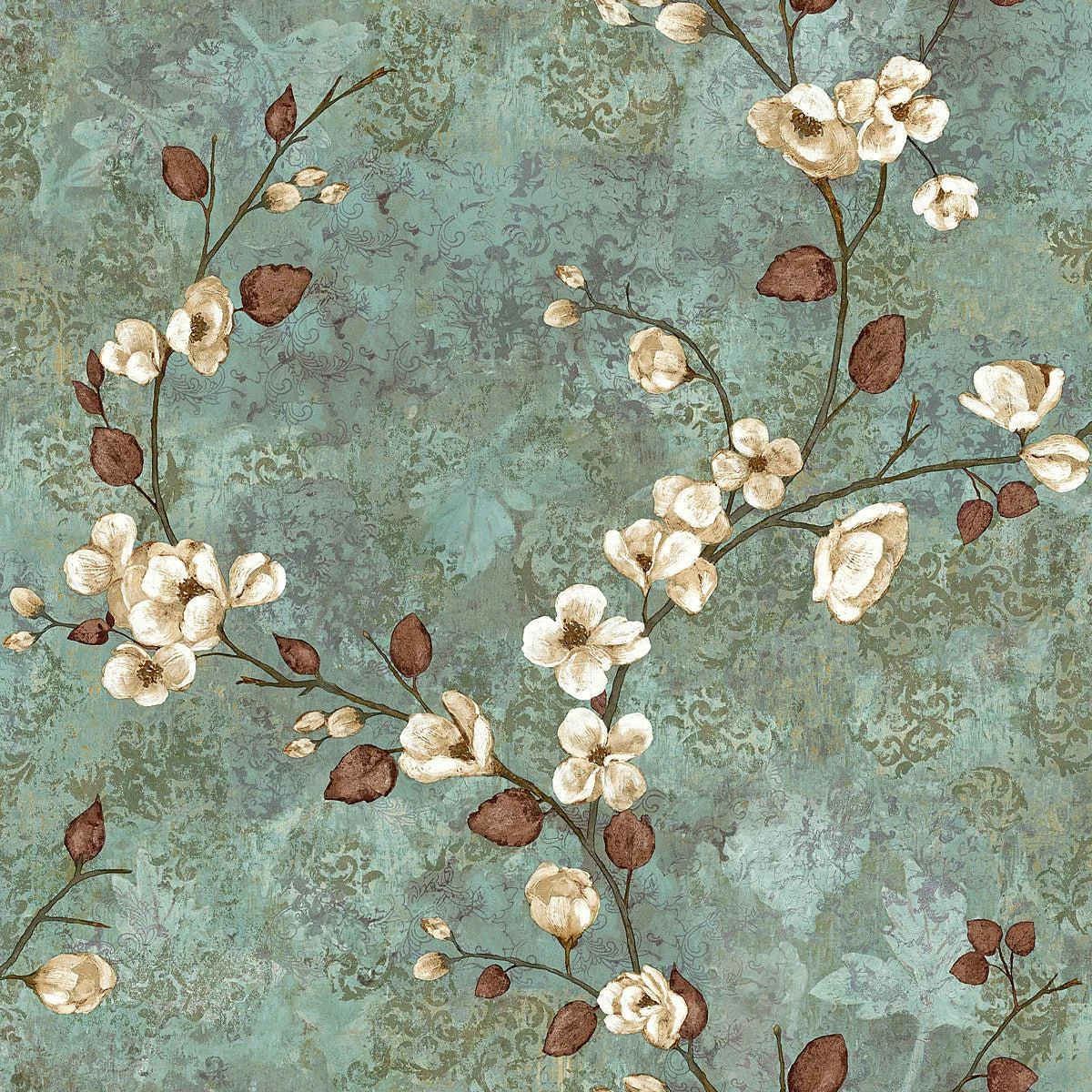 Dogwood Wallpaper // Teal & Dark Brown