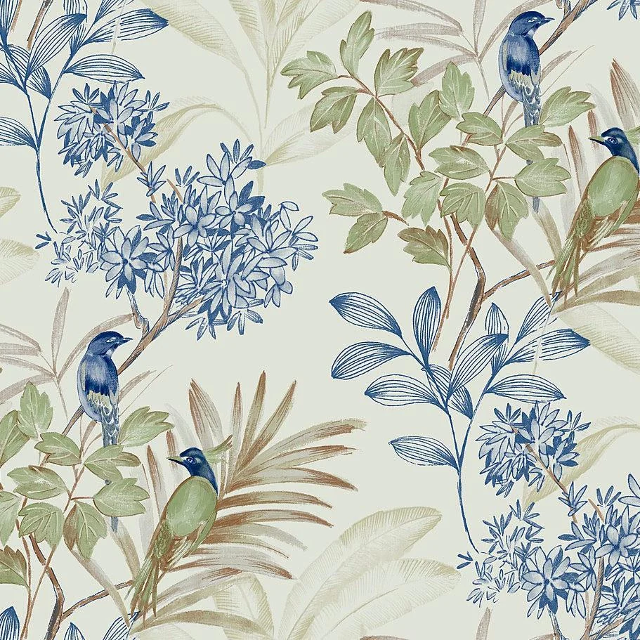 Handpainted Songbird Wallpaper // Green & Blue