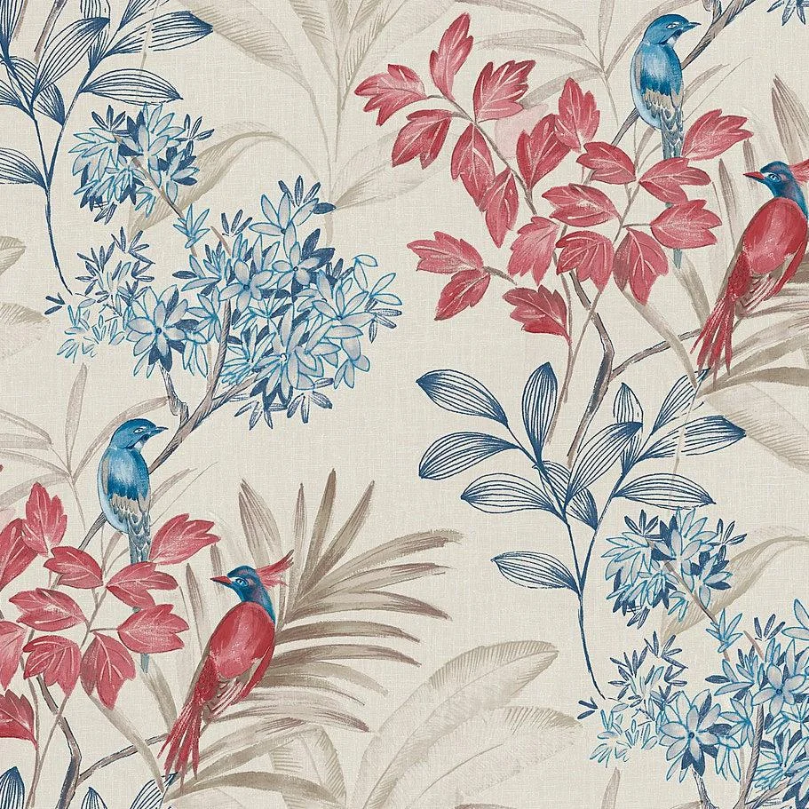 Handpainted Songbird Wallpaper // Red & Blue