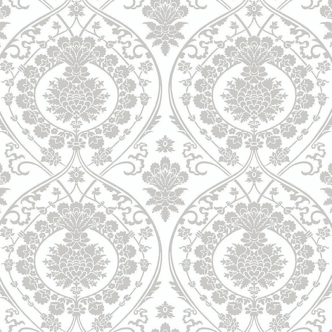Imperial Damask Wallpaper // White & Silver