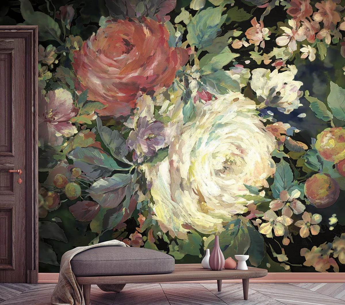 Impressionist Floral Wall Mural // Red & Black