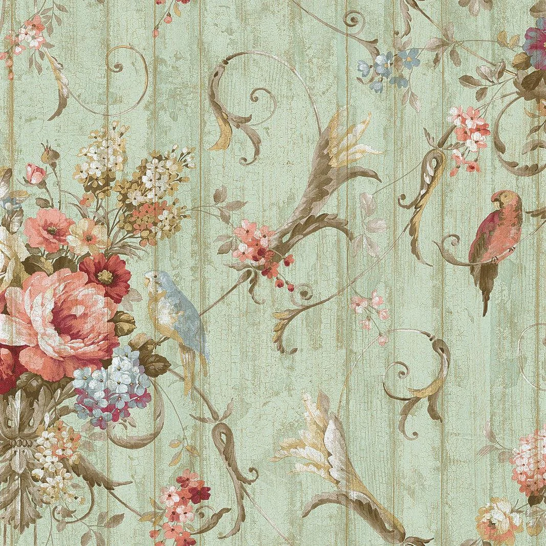 Parrots with Floral Bouquets Wallpaper // Blue