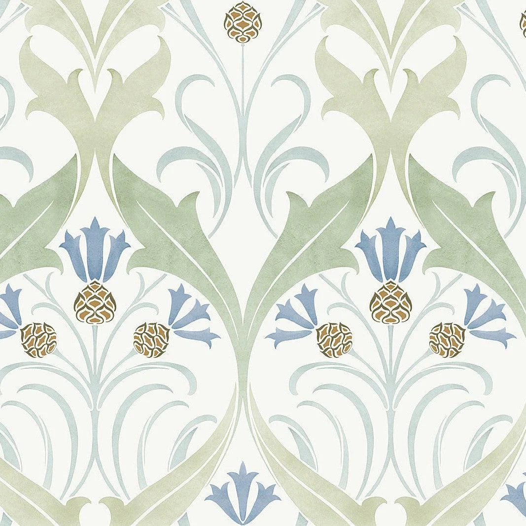Pine Cone Ribbon Wallpaper // Green & Blue Metallic