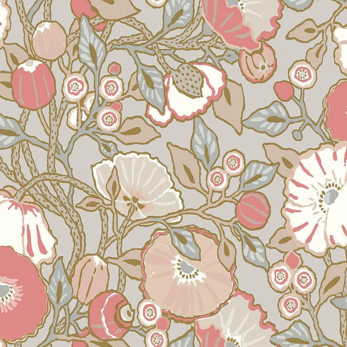 Poppies Wallpaper // Grey & Pink Metallic