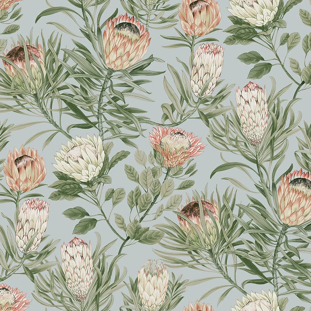Protea Wallpaper // Dusty Blue & Coral