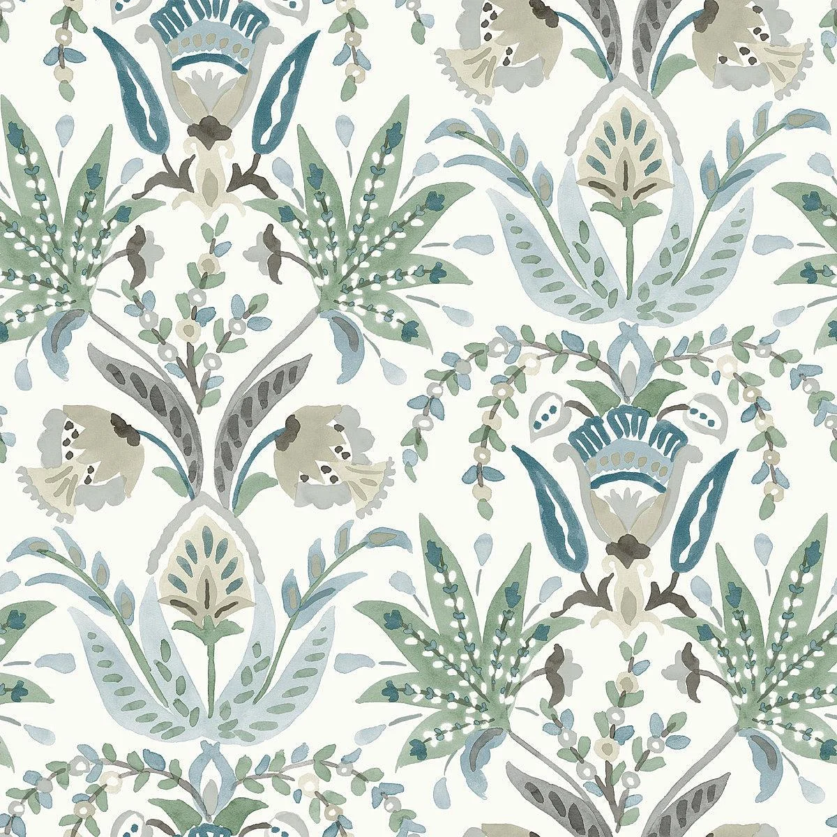 Seaside Jacobean Wallpaper // Green & Blue