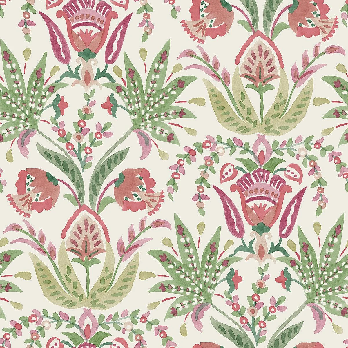 Seaside Jacobean Wallpaper // Green & Red