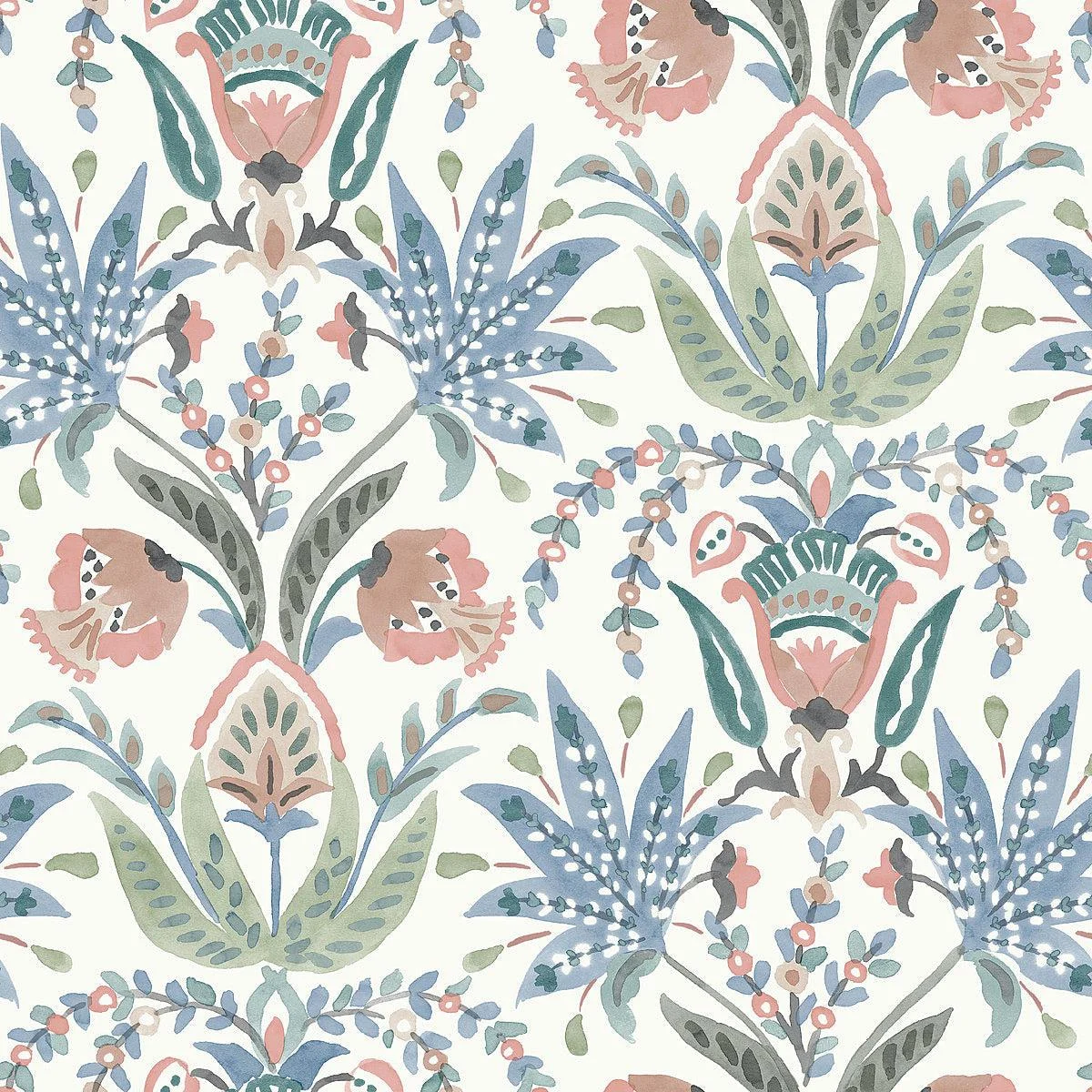 Seaside Jacobean Wallpaper // Pink & Blue