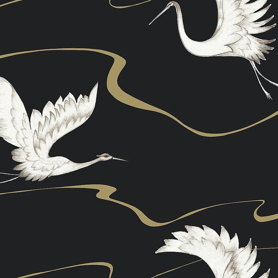Soaring Cranes Wallpaper // Black & Gold