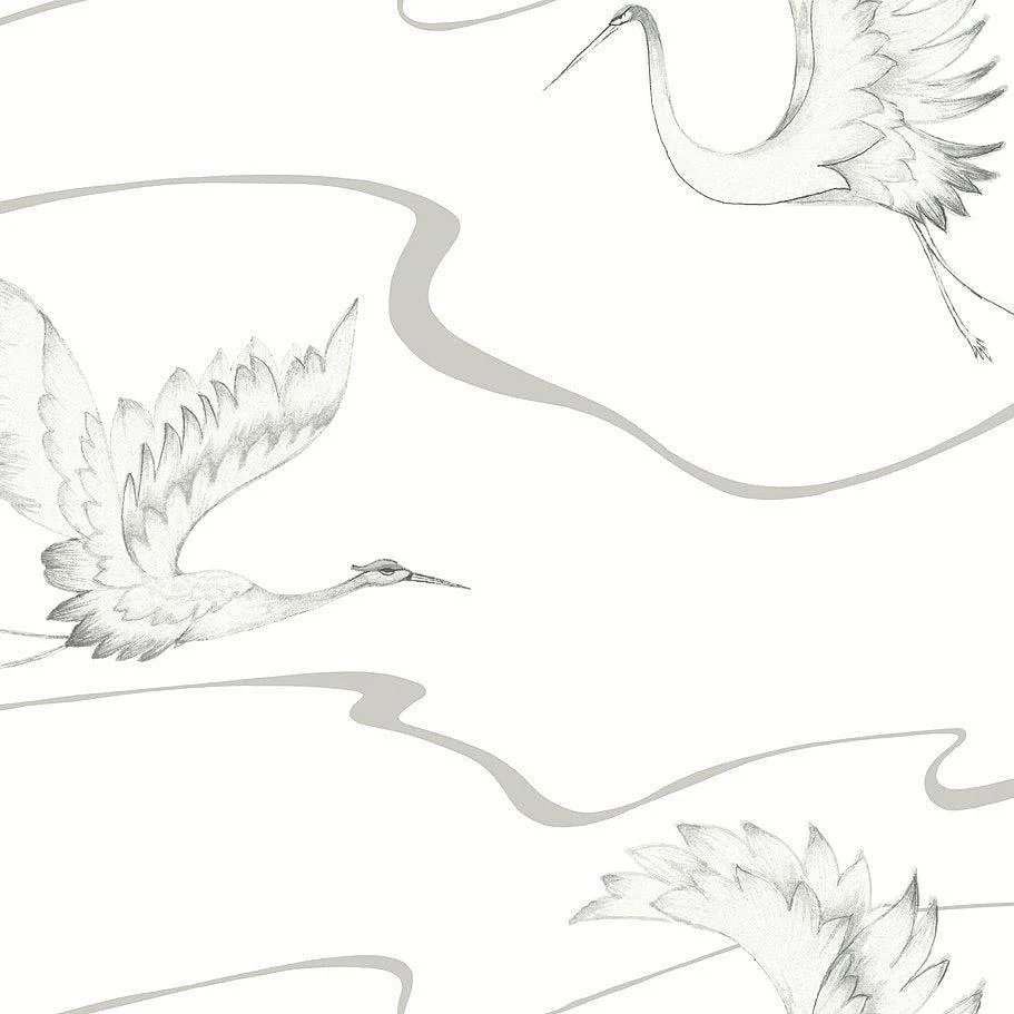 Soaring Cranes Wallpaper // White & Silver