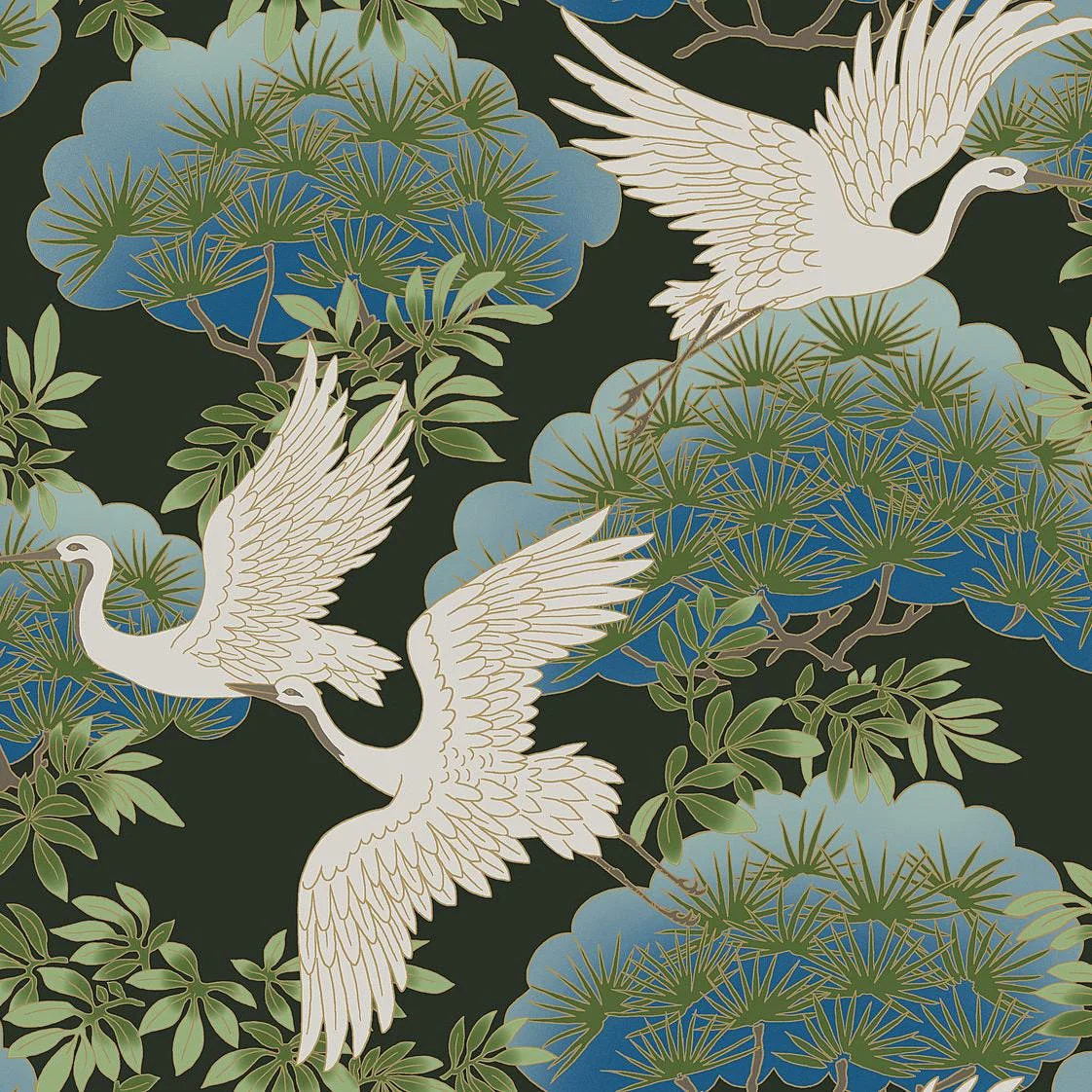 Sprig & Heron Wallpaper // Black