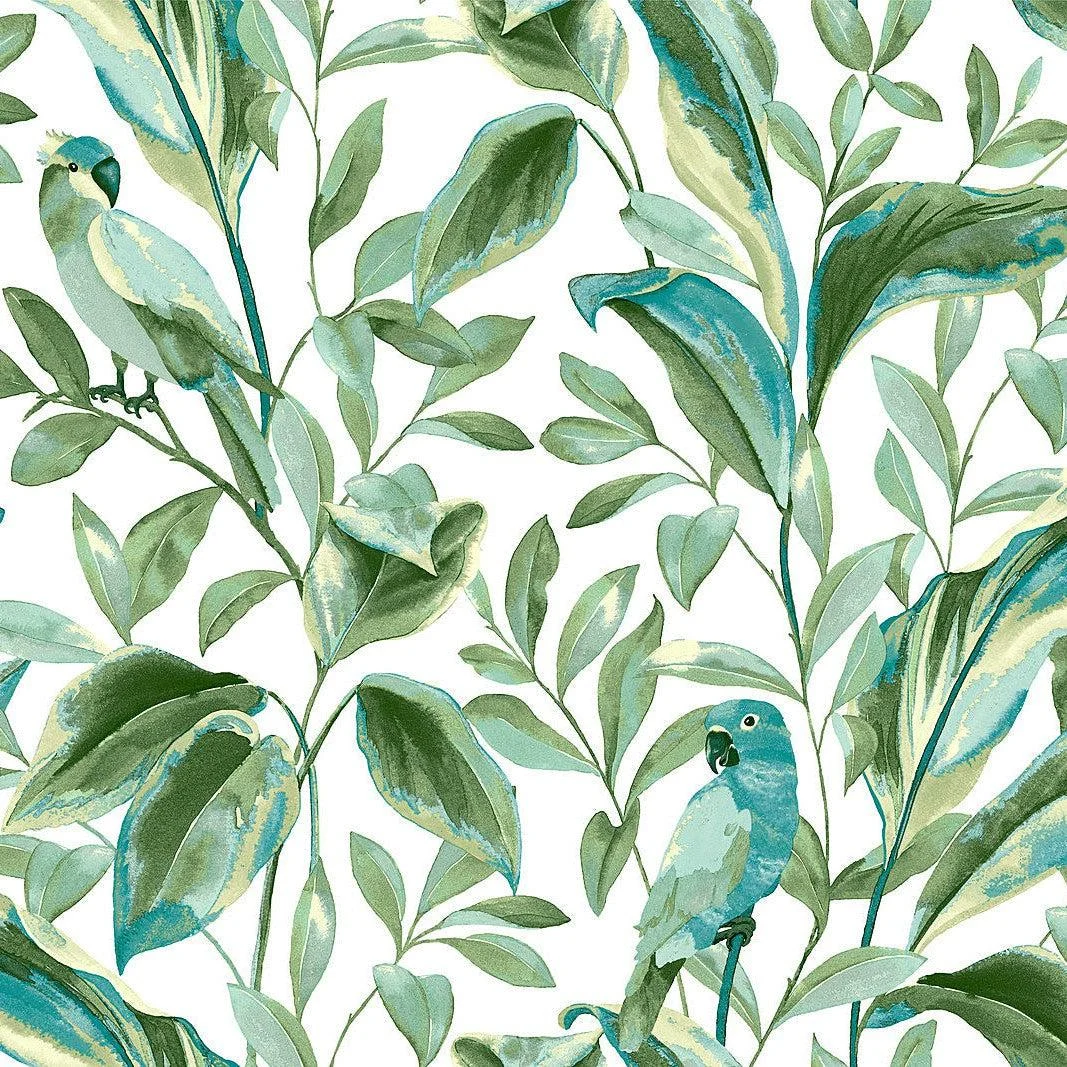 Tropical Love Birds Wallpaper // White & Aqua