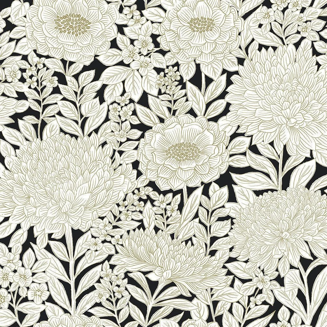 Wood Block Blooms Wallpaper // Black & Gold