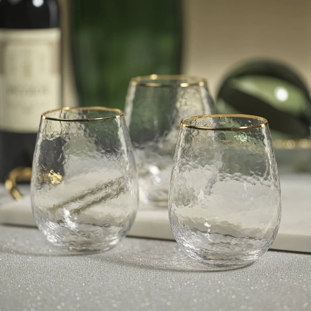 Negroni Hammered Stemless Glass with Gold Rim