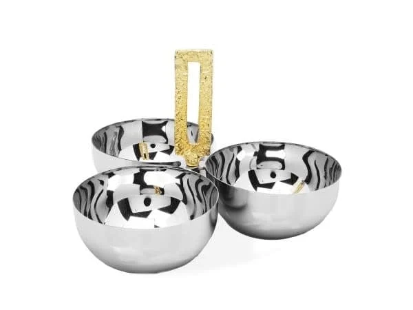 3 Bowl Relish Dish with Square Gold Loop Handle