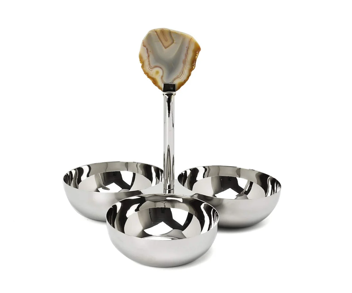 3 Bowl Stainless Steel relish Dish with Agate stone